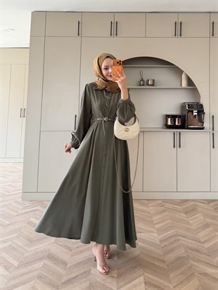Perla Kemerli Tensel Elbise Haki (7057)