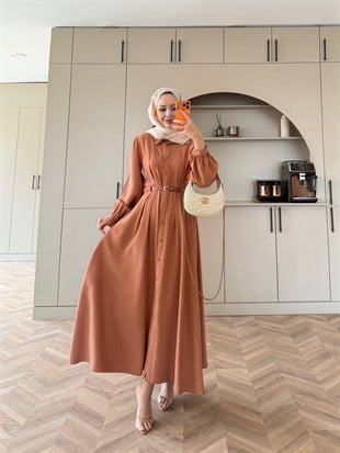 Perla Kemerli Tensel Elbise Kiremit (7057)