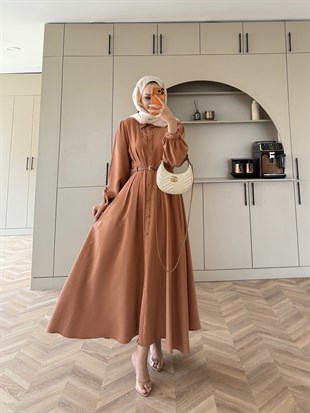 Perla Kemerli Tensel Elbise Kiremit (7057)