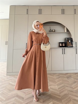 Perla Kemerli Tensel Elbise Kiremit (7057)