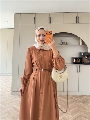 Perla Kemerli Tensel Elbise Kiremit (7057)