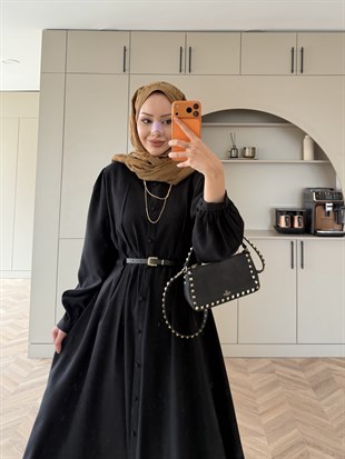 Perla Kemerli Tensel Elbise Siyah (7057)