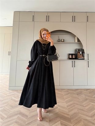 Perla Kemerli Tensel Elbise Siyah (7057)