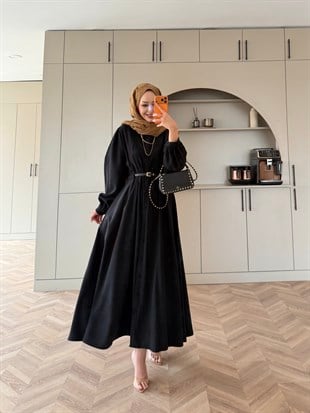 Perla Kemerli Tensel Elbise Siyah (7057)