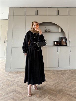 Perla Kemerli Tensel Elbise Siyah (7057)