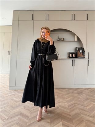 Perla Kemerli Tensel Elbise Siyah (7057)