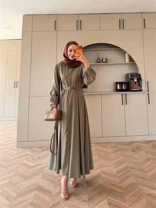 Perla Kemerli Tensel Elbise Yeşil (7057)