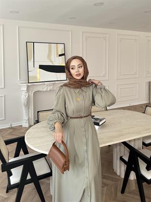 Perla İnce Kemerli Tensel Elbise Haki 