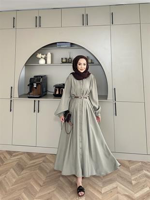 Perla Kalın Kemerli Tensel Elbise Haki