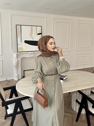 Perla İnce Kemerli Tensel Elbise Haki 