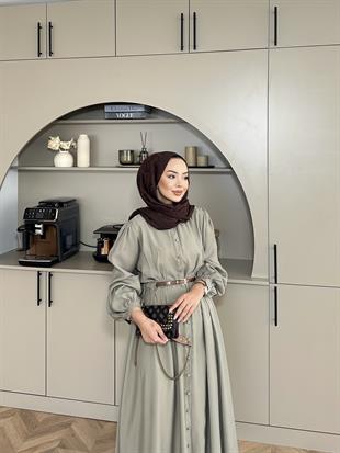 Perla Kalın Kemerli Tensel Elbise Haki