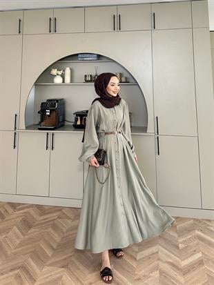 Perla Kalın Kemerli Tensel Elbise Haki