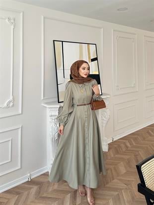 Perla İnce Kemerli Tensel Elbise Haki 