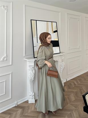 Perla İnce Kemerli Tensel Elbise Haki 