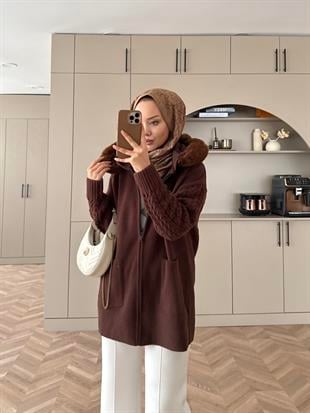 Pier Angora Kürklü Hırka Acı Kahve