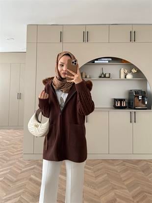 Pier Angora Kürklü Hırka Acı Kahve