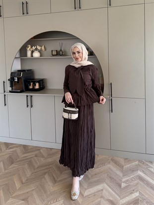 Poem Bağlama Detaylı Etek Takım Kahve (8505)