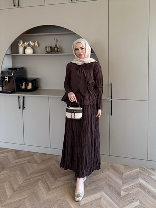 Poem Bağlama Detaylı Etek Takım Kahve (8505)
