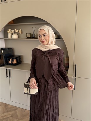 Poem Bağlama Detaylı Etek Takım Kahve (8505)