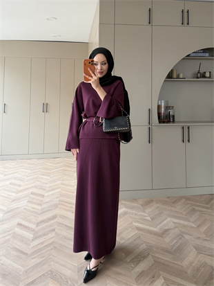 Simli Triko Etekli Takım Mürdüm 