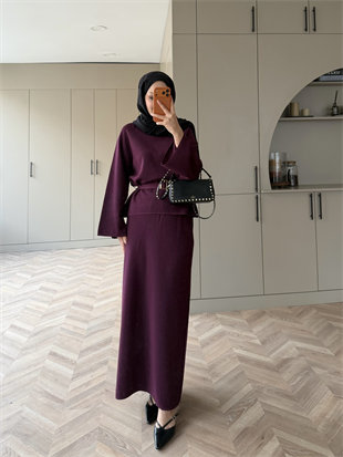 Simli Triko Etekli Takım Mürdüm 