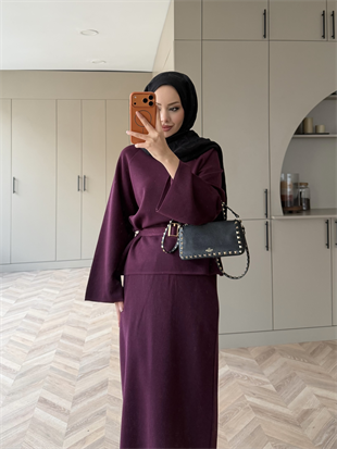 Simli Triko Etekli Takım Mürdüm 