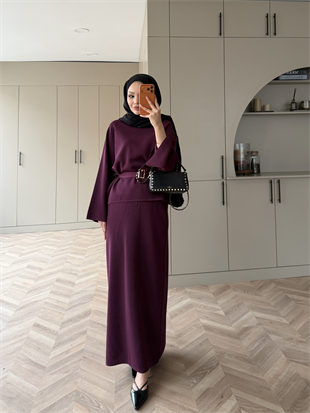 Simli Triko Etekli Takım Mürdüm 