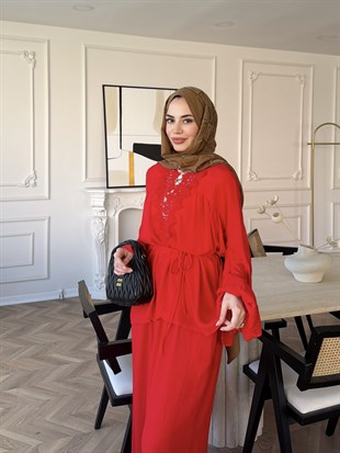 Pure Dantel Detaylı Pantolon Takım Kırmızı (5819)