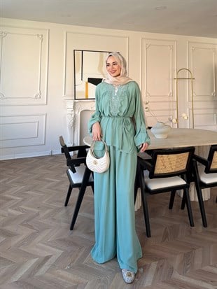 Pure Dantel Detaylı Pantolon Takım Su Yeşili (5819)