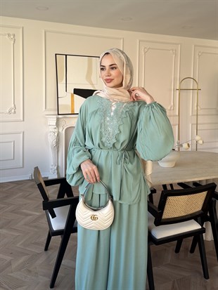 Pure Dantel Detaylı Pantolon Takım Su Yeşili (5819)