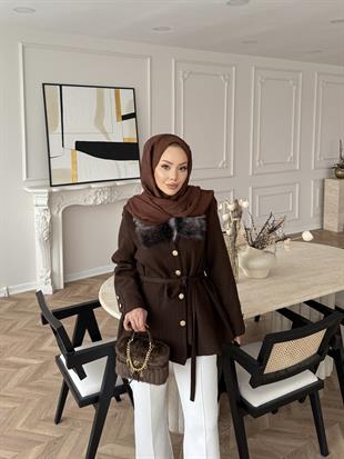 Quva Kürk Detaylı Hırka/Ceket Acı Kahve