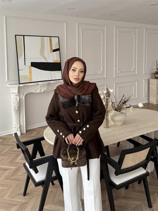 Quva Kürk Detaylı Hırka/Ceket Acı Kahve
