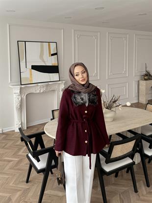 Quva Kürk Detaylı Hırka/Ceket Bordo