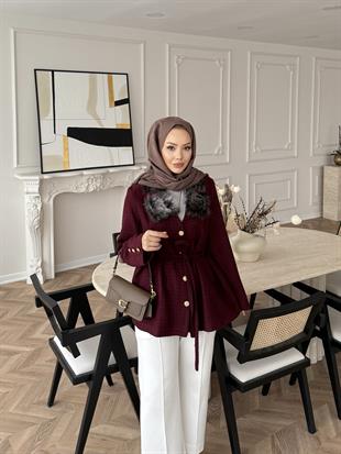 Quva Kürk Detaylı Hırka/Ceket Bordo
