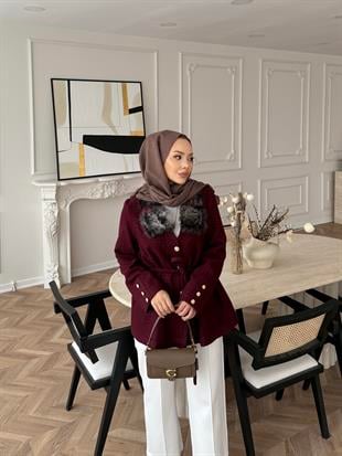 Quva Kürk Detaylı Hırka/Ceket Bordo