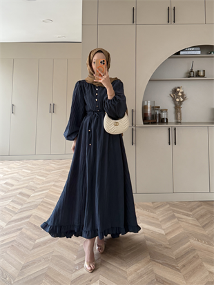 Rafael Asimetrik Fırfırlı Pilise Elbise Lacivert (8250)