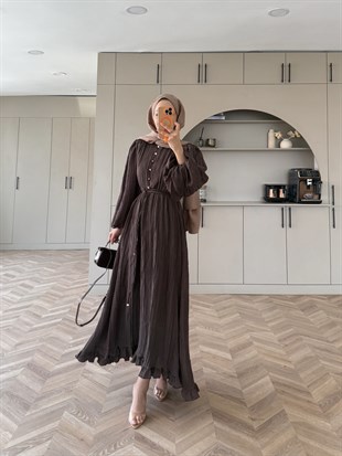 Rafael Asimetrik Fırfırlı Pilise Elbise Kahve (8250) 