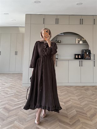 Rafael Asimetrik Fırfırlı Pilise Elbise Kahve (8250) 
