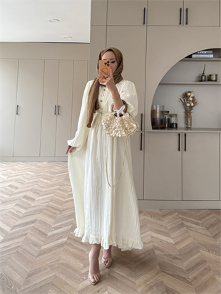 Rafael Asimetrik Fırfırlı Pilise Elbise Ekru (8250)