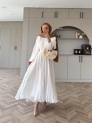 Rafael Asimetrik Fırfırlı Pilise Elbise Beyaz (8250)