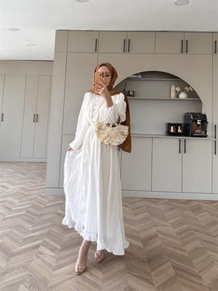 Rafael Asimetrik Fırfırlı Pilise Elbise Beyaz (8250)