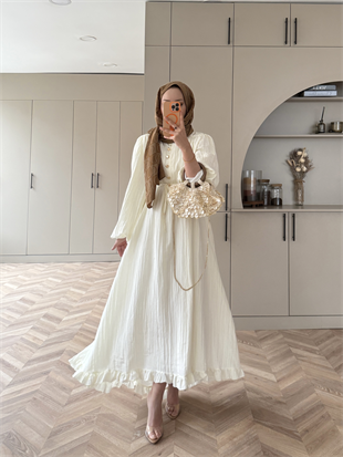 Rafael Asimetrik Fırfırlı Pilise Elbise Ekru (8250)