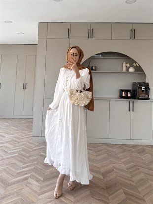 Rafael Asimetrik Fırfırlı Pilise Elbise Beyaz (8250)