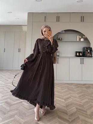 Rafael Asimetrik Fırfırlı Pilise Elbise Kahve (8250) 