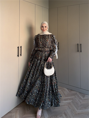 Rahel Çiçekli Elbise Siyah (5734)