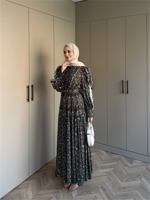 Rahel Çiçekli Elbise Siyah (5734)