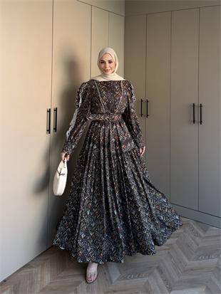 Rahel Çiçekli Elbise Siyah (5734)