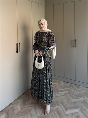 Rahel Çiçekli Elbise Siyah (5734)