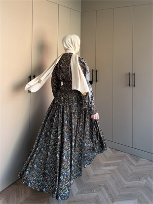 Rahel Çiçekli Elbise Siyah (5734)