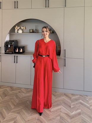 Ranua Düğme Detaylı Pantolonlu Takım Kırmızı (5815)